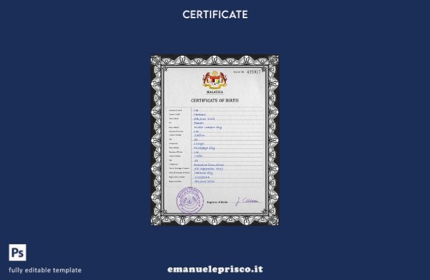 modello PSD del certificato di nascita dello stato di stato della Malesia in sti